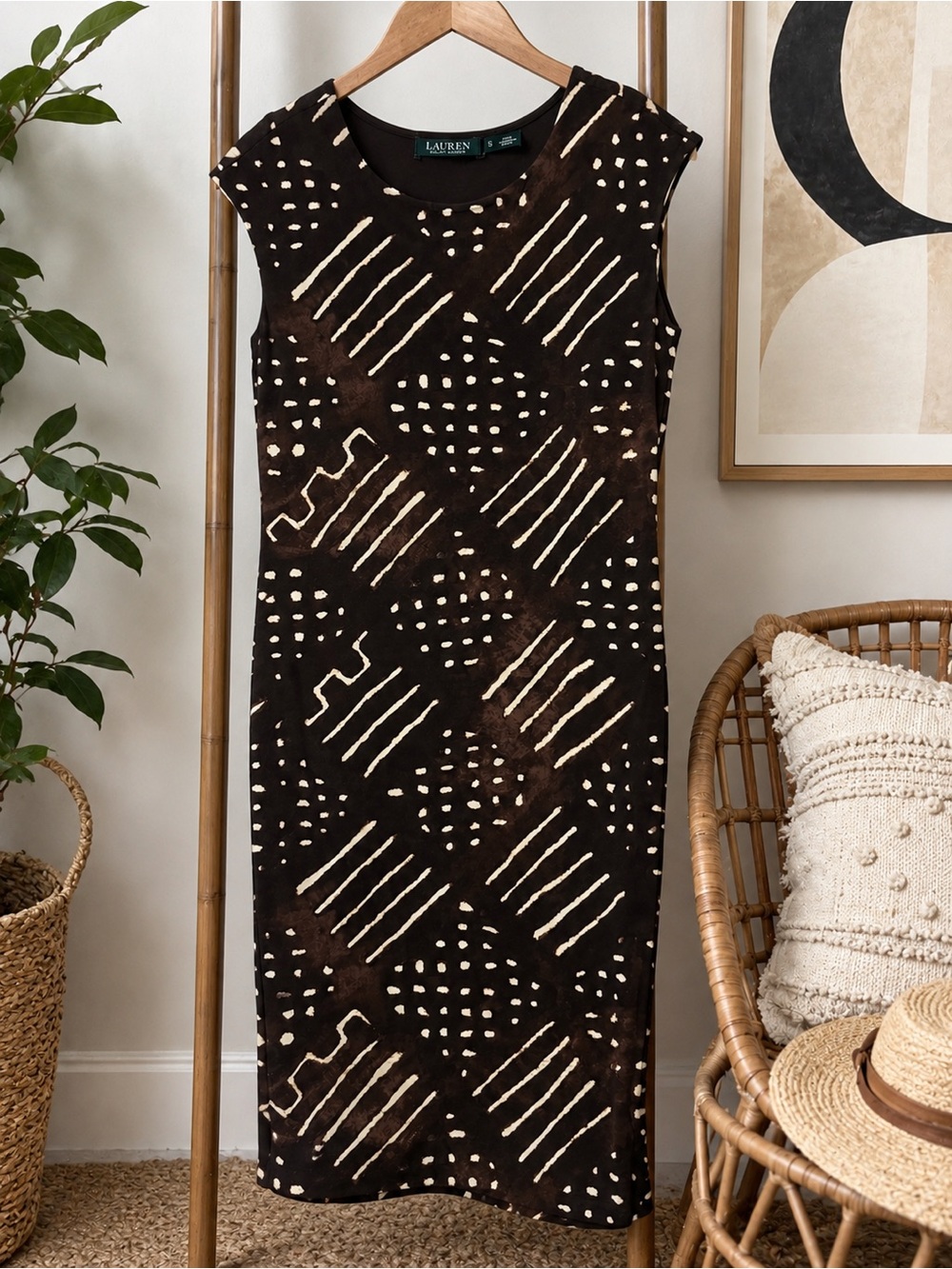 Lauren Ralph Lauren Brown Cream Geometric Print Fitted Midi Sheath Dress S
